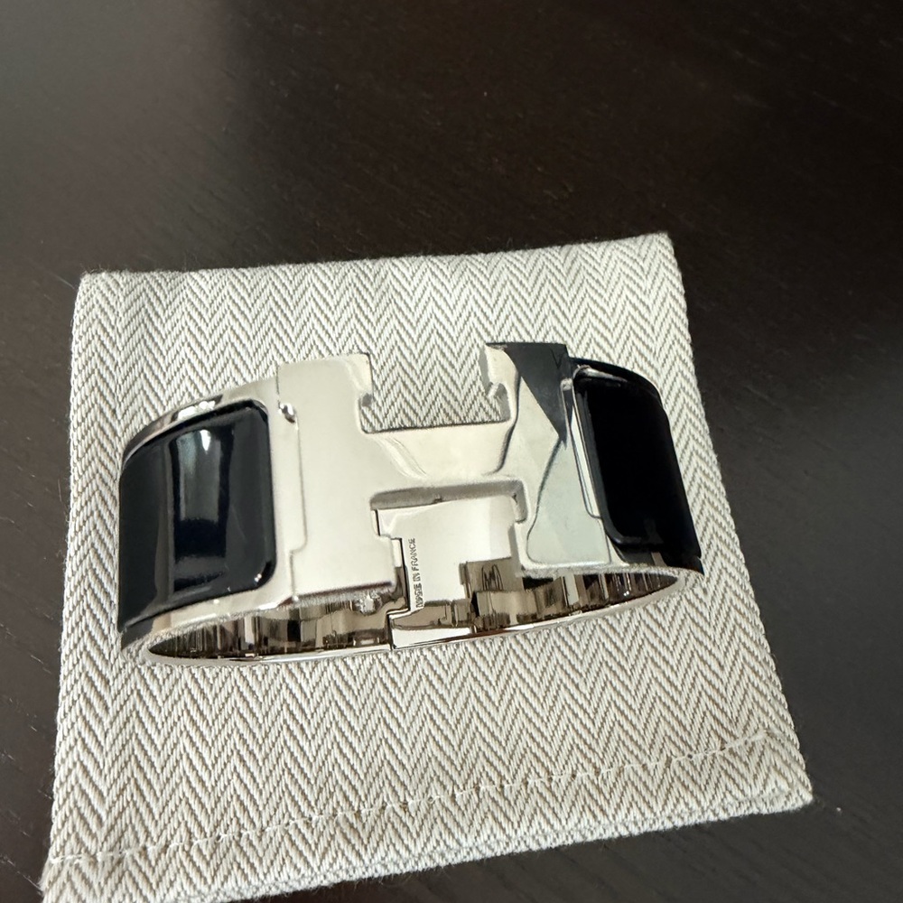 Hermes Black and Silver H Cuff Bracelet